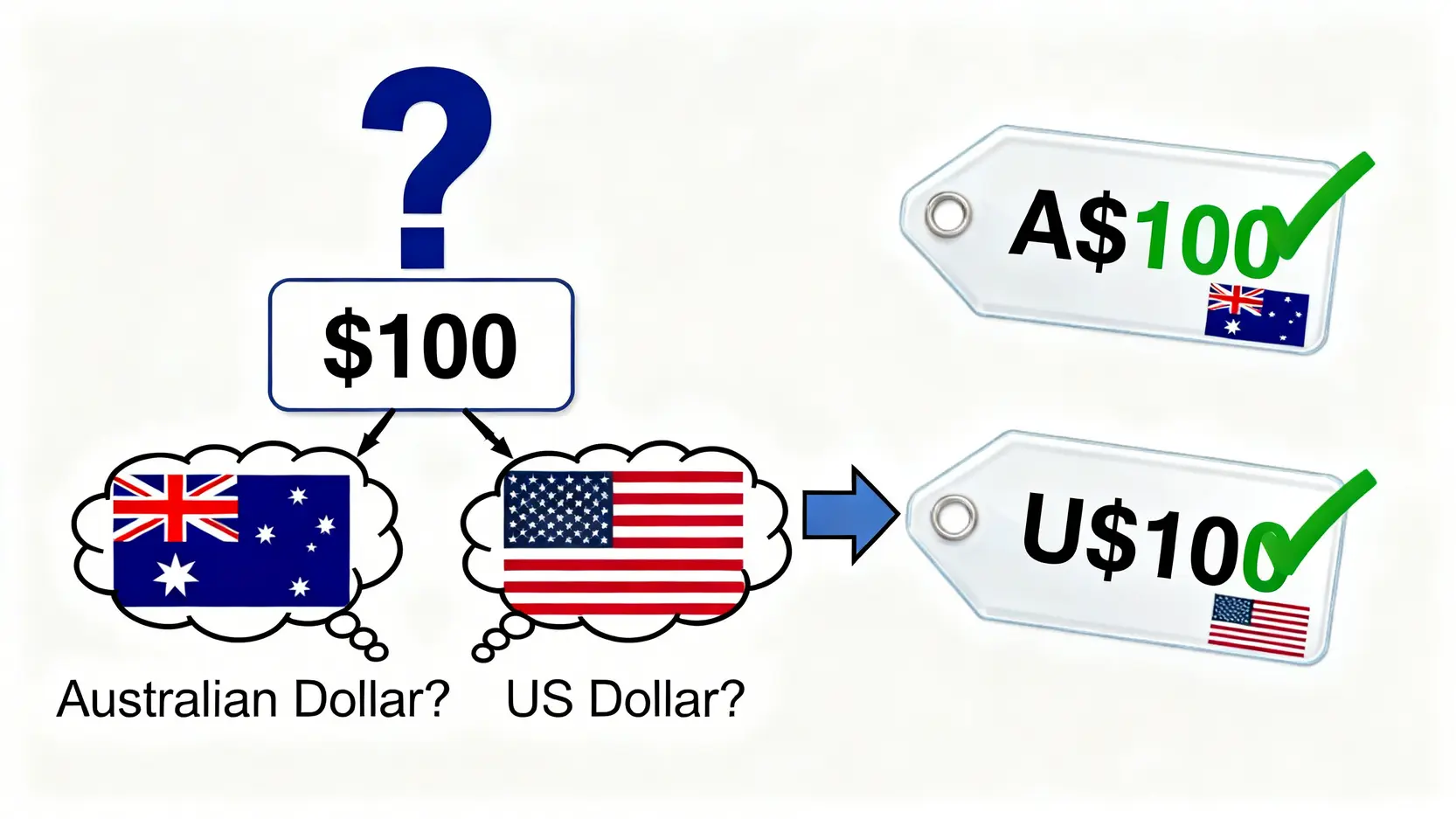 澳元符號是什麼?一篇搞懂澳元代號、英文縮寫與AUD的區別 2 澳元符號,澳元代號,澳元英文縮寫,AUD 一張對比圖,展示了單獨使用「$」符號可能造成的澳元與美元混淆,並指出了「A$」和「US$」的正確寫法。