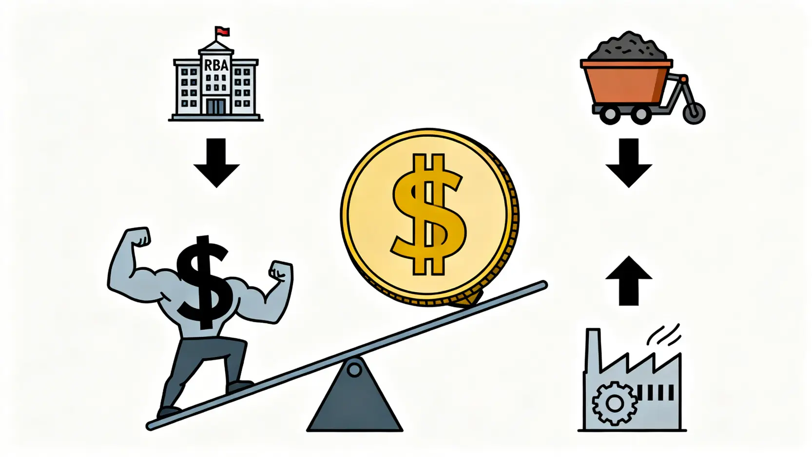 【澳元歷史低位】一篇搞懂澳元兌港元匯率走勢、高低位及背後原因(2026最新) 3 澳元歷史低位,澳元兌港元匯率,澳元匯率原因,澳元走勢 導致澳元匯率低迷的四大核心原因示意圖,包括央行政策、商品價格、強勢美元和主要貿易夥伴經濟表現。