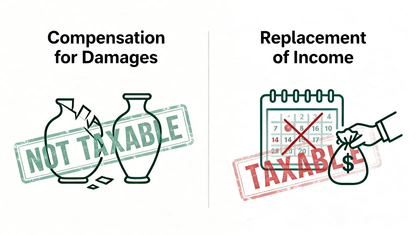 【賠償金課稅香港2026】交通意外、工傷、和解金要報稅嗎?稅務條例懶人包 2 賠償金課稅香港,交通意外賠償金要報稅嗎,和解金稅務處理,工傷賠償稅務 一張對比圖,解釋賠償金的兩種性質:左邊是「損害補償」,顯示一個破碎的花瓶變回完整的,標示為免稅;右邊是「替代收入」,顯示因無法工作而獲得的金錢,標示為應課稅。