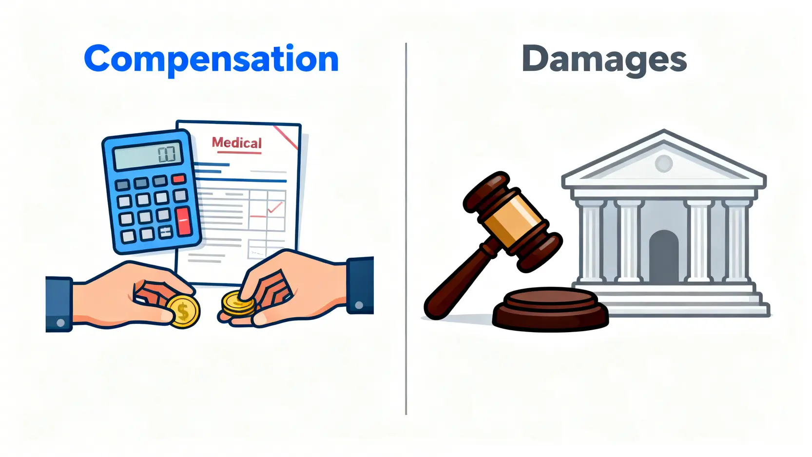 【追討賠償英文全攻略】一篇搞懂索償、和解、Compensation vs Damages! 2 追討賠償英文,索償英文,和解協議英文,compensation對比damages 一張對比圖,說明補償金(Compensation)與損害賠償金(Damages)的區別。左側是代表可計算損失的計算器,右側是代表法院裁決的法槌。