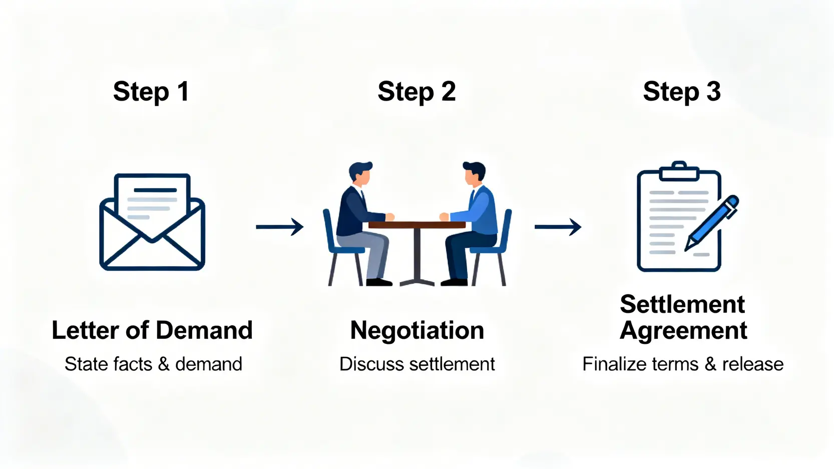 【追討賠償英文全攻略】一篇搞懂索償、和解、Compensation vs Damages! 3 追討賠償英文,索償英文,和解協議英文,compensation對比damages 一張流程圖,展示追討賠償的三個步驟:發出索償信,進行和解談判,最後簽訂和解協議。
