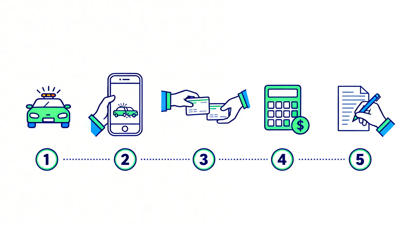 【2026最新】輕微交通意外處理香港終極懶人包:私了程序、和解書範本、報警時機一篇搞懂 3 輕微交通意外處理香港,交通意外和解書範本,交通意外私了程序,交通意外要唔要報警 一張圖示,展示交通意外私了程序的五個關鍵步驟:確保安全、拍照存證、交換資料、商討賠償、簽署和解書。