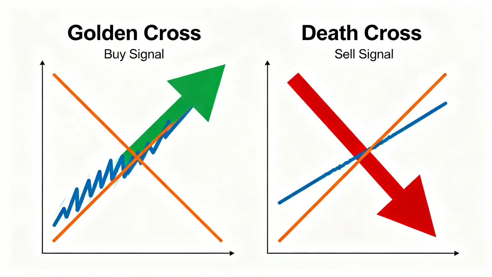 【股票技術分析入門2026】圖解3大指標:陰陽燭(K線)教學、MACD、RSI用法全攻略 3 股票技術分析入門,陰陽燭圖教學,MACD指標用法,RSI指標教學 一張對比圖解釋MACD指標的黃金交叉(買入訊號)與死亡交叉(賣出訊號)。