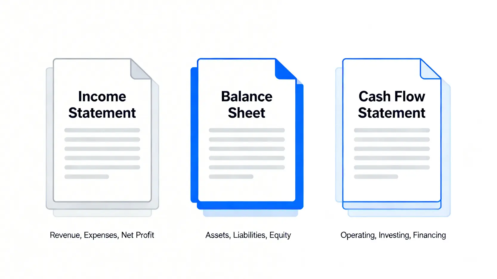 【股票英文全攻略】50個常用財經術語與港股英文簡稱 (2026更新) 3 常用股票英文,財經術語英文對照,港股英文簡稱 三大核心財務報表示意圖,分別展示了損益表、資產負債表和現金流量表的核心組成部分。