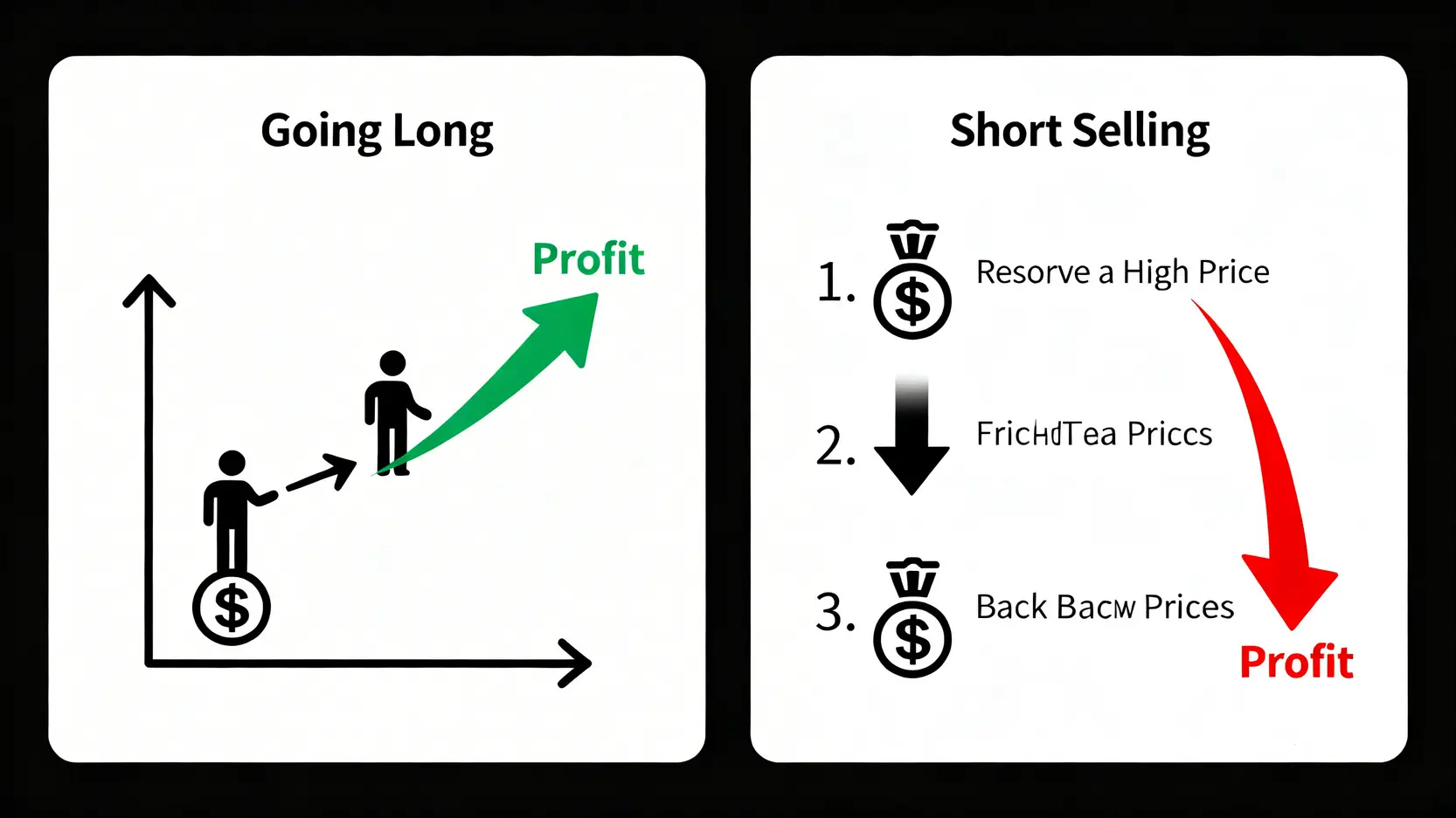 【股票英文全攻略】50個常用財經術語與港股英文簡稱 (2026更新) 4 常用股票英文,財經術語英文對照,港股英文簡稱 作多與放空策略對比圖,解釋了買入持有待漲和借券賣出待跌兩種操作的獲利模式。
