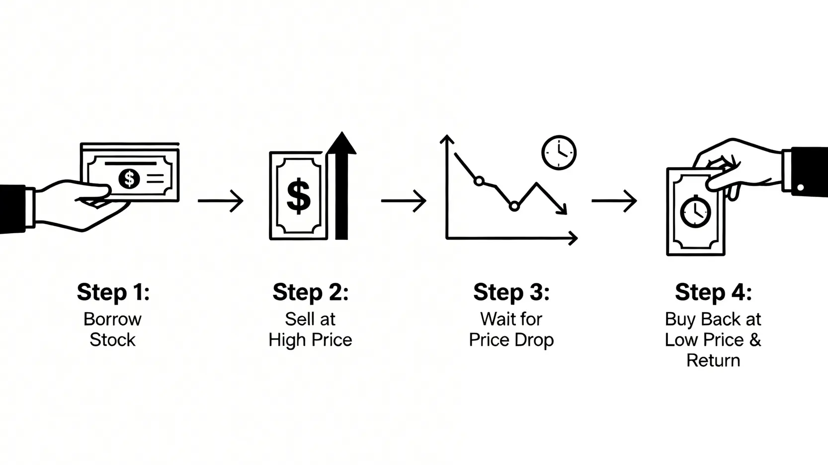 【股票借出風險】全拆解!一文看懂股票借貸回報計算與借貨沽空意思 3 股票借出風險,股票借貸計劃回報,借貨沽空意思 一張流程圖,說明借貨沽空的四個步驟:借入股票、高價賣出、等待股價下跌、低價買回並歸還。