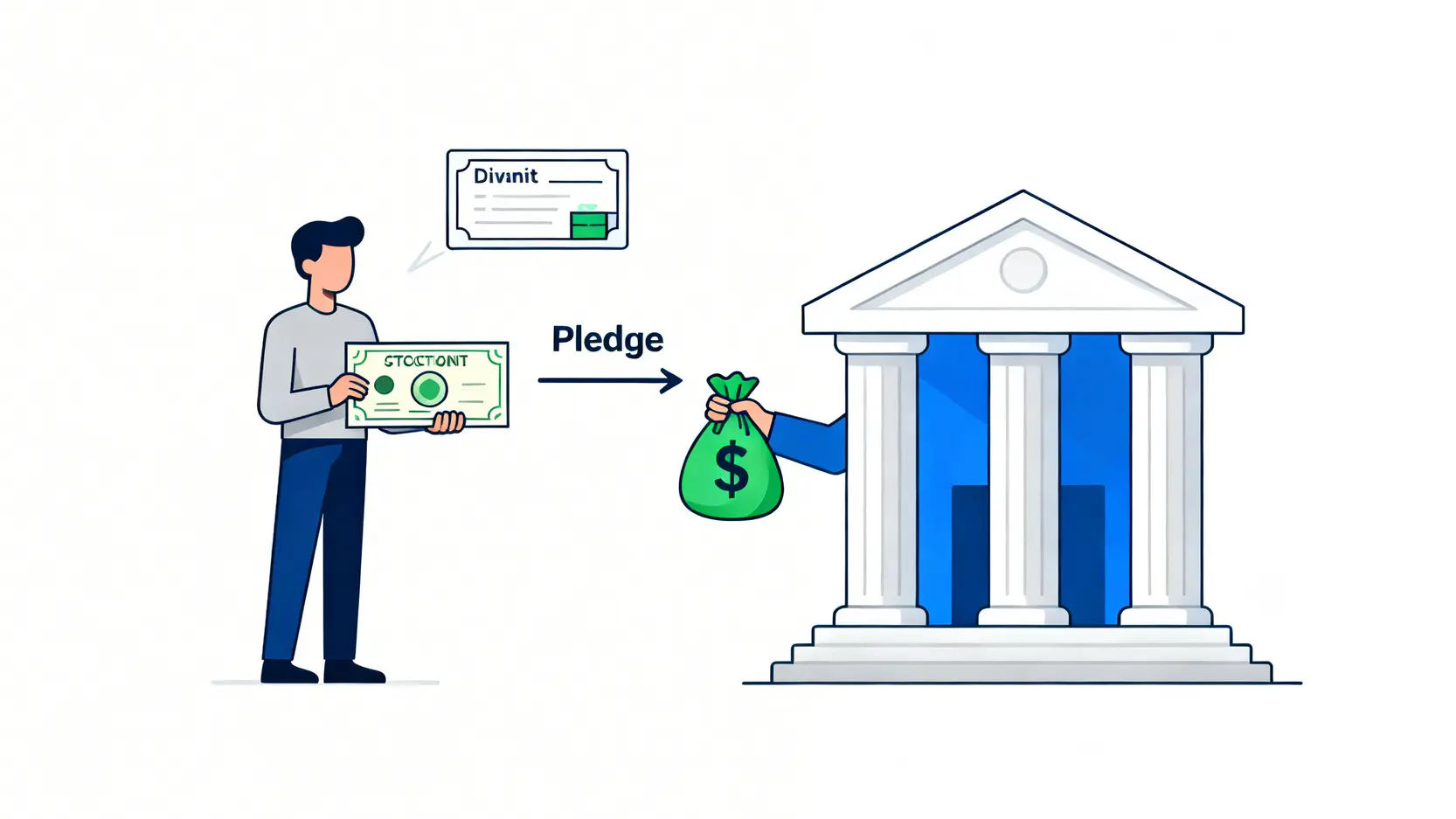 【2026股票按揭貸款】一篇搞懂股票抵押借錢利率、孖展戶口風險及申請方法 2 股票按揭貸款,孖展戶口風險,股票抵押借錢利率,MarginCall 股票按揭貸款原理示意圖,顯示投資者抵押股票給銀行以換取現金,同時保留股票擁有權。