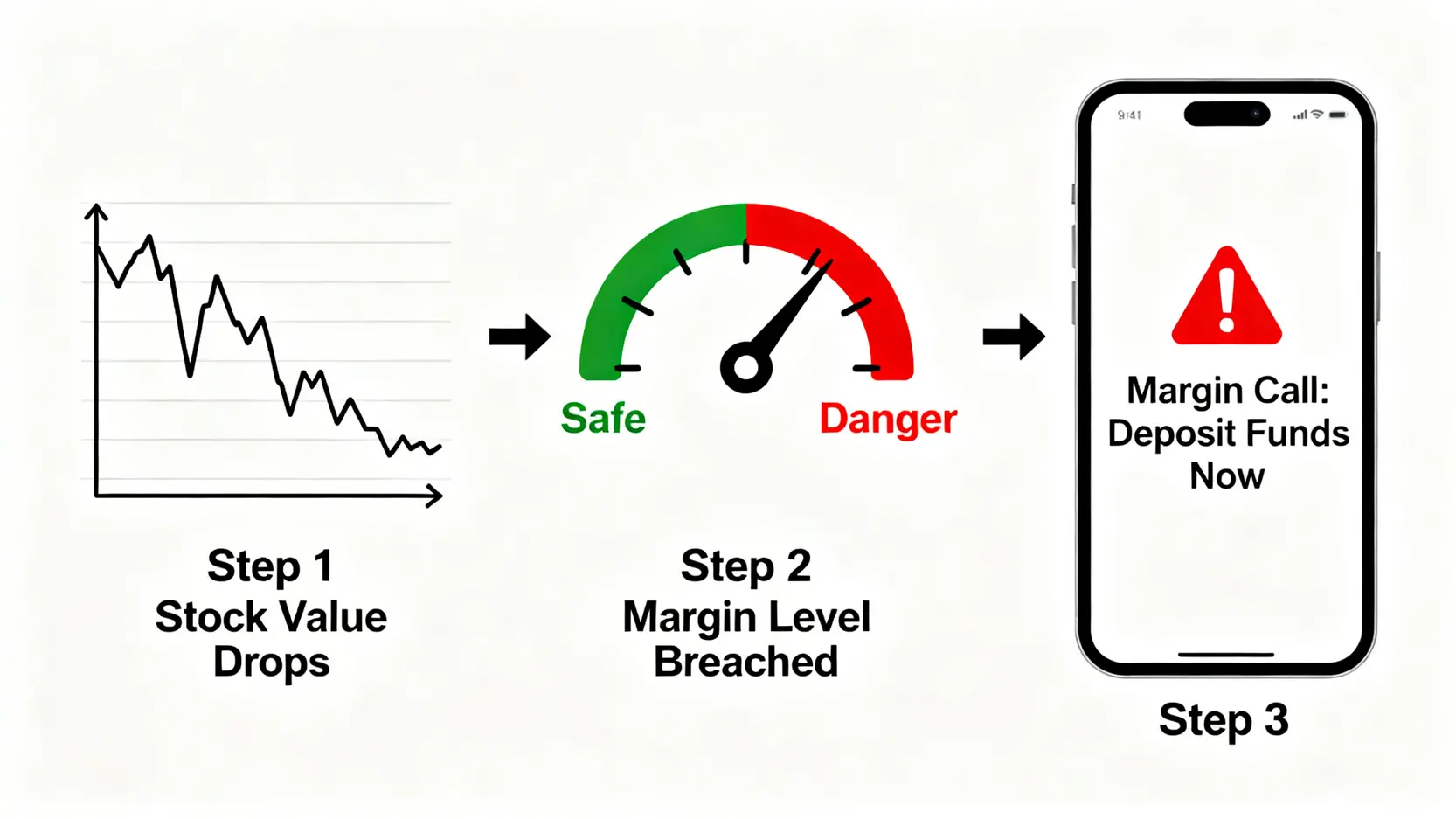 【2026股票按揭貸款】一篇搞懂股票抵押借錢利率、孖展戶口風險及申請方法 4 股票按揭貸款,孖展戶口風險,股票抵押借錢利率,MarginCall 追繳保證金(Margin Call)觸發流程圖,顯示股價下跌導致保證金水平跌破警戒線,最終觸發補倉通知。