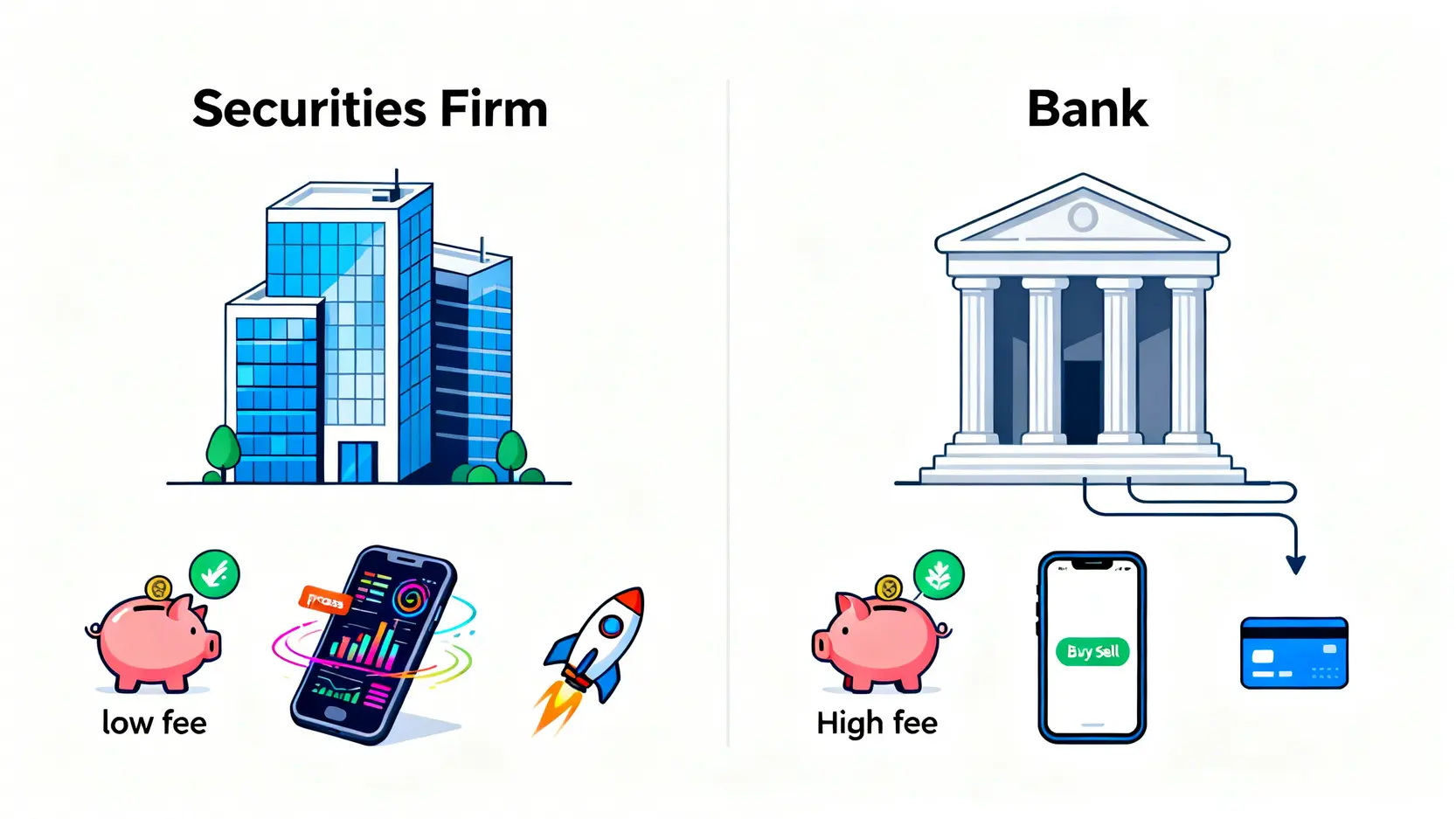 【2026港股買賣教學】股票戶口邊間好?證券行vs銀行收費、開戶優惠及股票App推薦全攻略 2 港股買賣教學,股票戶口邊間好,證券戶口開戶,股票app推薦 證券行與銀行股票戶口優劣對比圖,顯示證券行在低收費和強大功能上的優勢,而銀行則在資金無縫對接方面較為便利。
