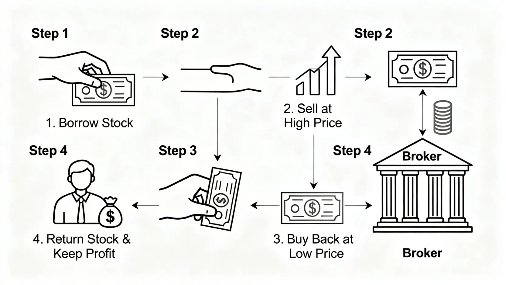 【2026沽空教學】沽空意思一篇搞懂:股票做淡操作、風險限制全攻略 2 沽空意思,股票做淡教學,沽空風險及限制 沽空四步驟流程圖,從借入證券到高位沽出,再到低位平倉買回並歸還券商的完整過程。