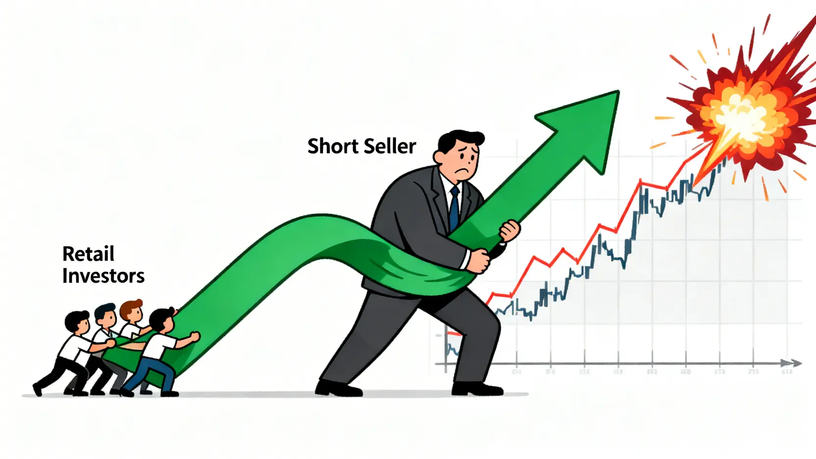 【2026沽空教學】沽空意思一篇搞懂:股票做淡操作、風險限制全攻略 4 沽空意思,股票做淡教學,沽空風險及限制 挾淡倉(Short Squeeze)概念示意圖,一群散戶投資者推高股價,迫使沽空者買入平倉,形成惡性循環。