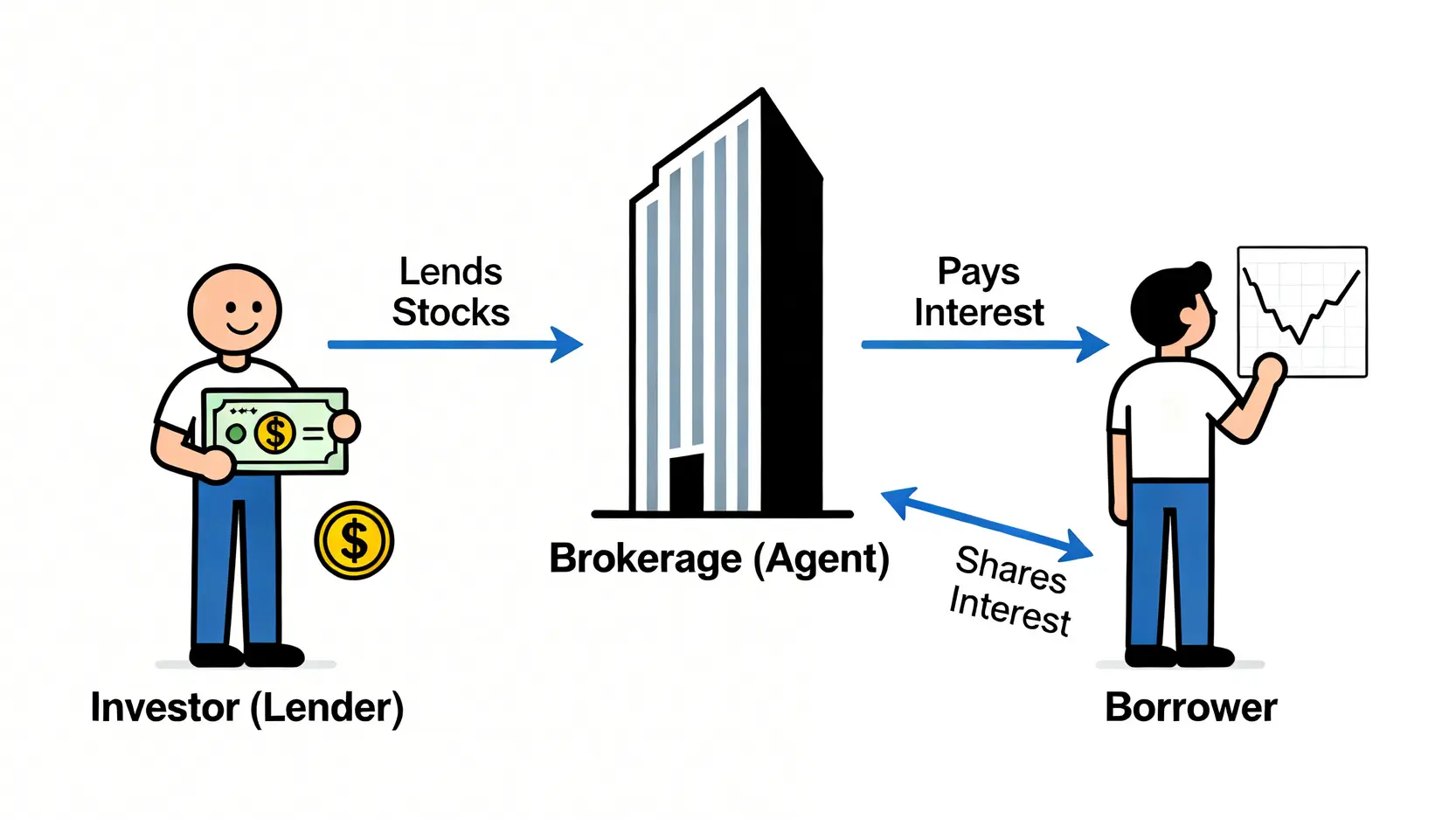 股票借出計劃全攻略(2026最新):一篇搞懂收息教學、風險評估與券商比較 2 股票借出計劃,股票借出收息教學,股票借出風險,富途借貨 股票借出計劃運作原理圖,展示投資者、券商和借方之間的股票與利息流動關係。