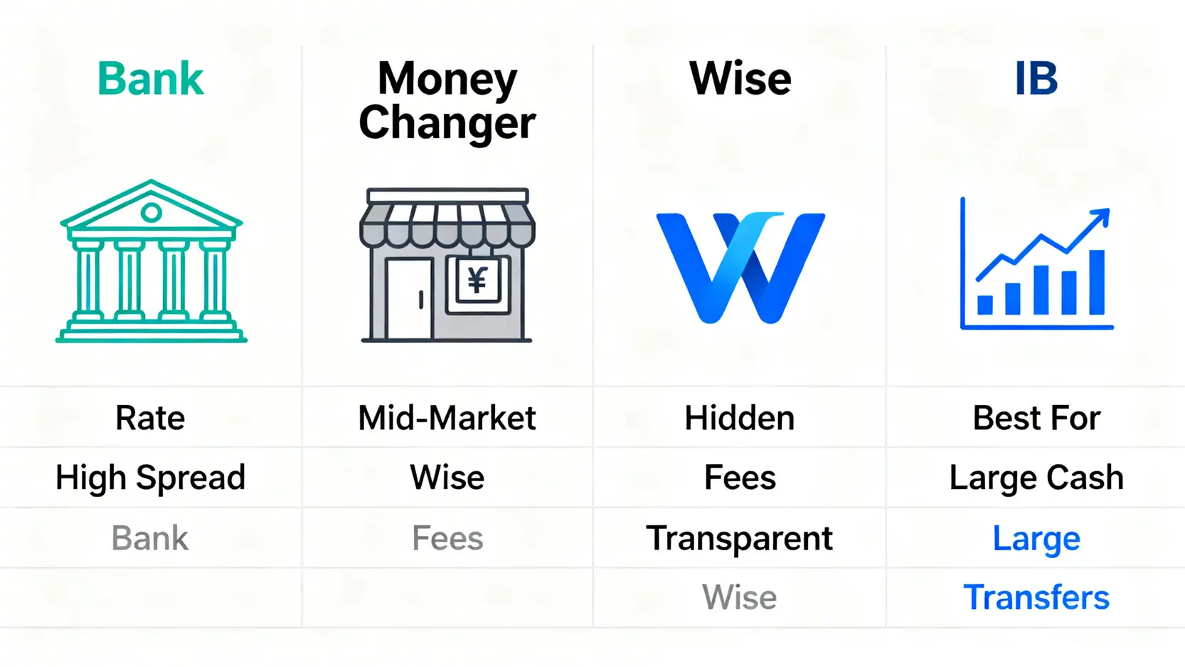 【英鎊匯率走勢2026】專家預測GBP to HKD前景,唱英鎊邊間好?比較銀行/找換店/IB最抵方法 3 英鎊匯率走勢,港幣兌英鎊,唱英鎊邊間好,GBPtoHKD 香港四大英鎊兌換渠道比較圖,涵蓋傳統銀行、找換店、Wise平台和Interactive Brokers (IB)的優劣分析。
