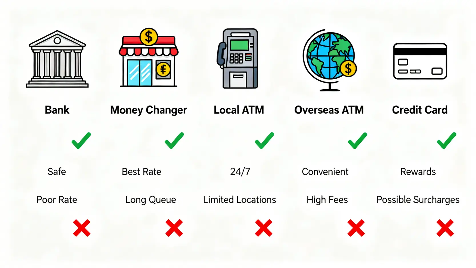 【2026唱Yen攻略】日元匯率再創新低!5大港幣兌日元方法比較,教你點唱最抵 (JPY to HKD懶人包) 3 日元匯率,港幣兌日元,唱Yen攻略,JPYtoHKD 五大主流唱Yen方法優缺點對比圖,包括銀行、找換店、本地及海外ATM和信用卡。