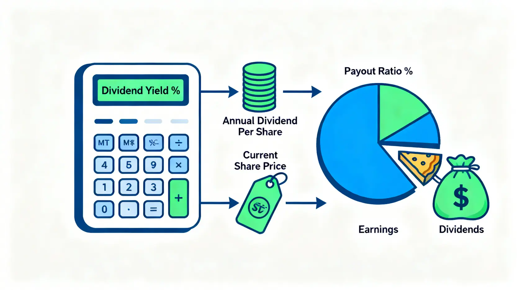 收息股推介2026:精選高息股組合、股息計算、除淨日教學,避開賺息蝕價陷阱! 2 收息股推介,高息股2026,股息計算方法,除淨日是什麼 一張圖解說明股息率與派息比率的計算公式,展示了股息、股價與公司盈利之間的關係。
