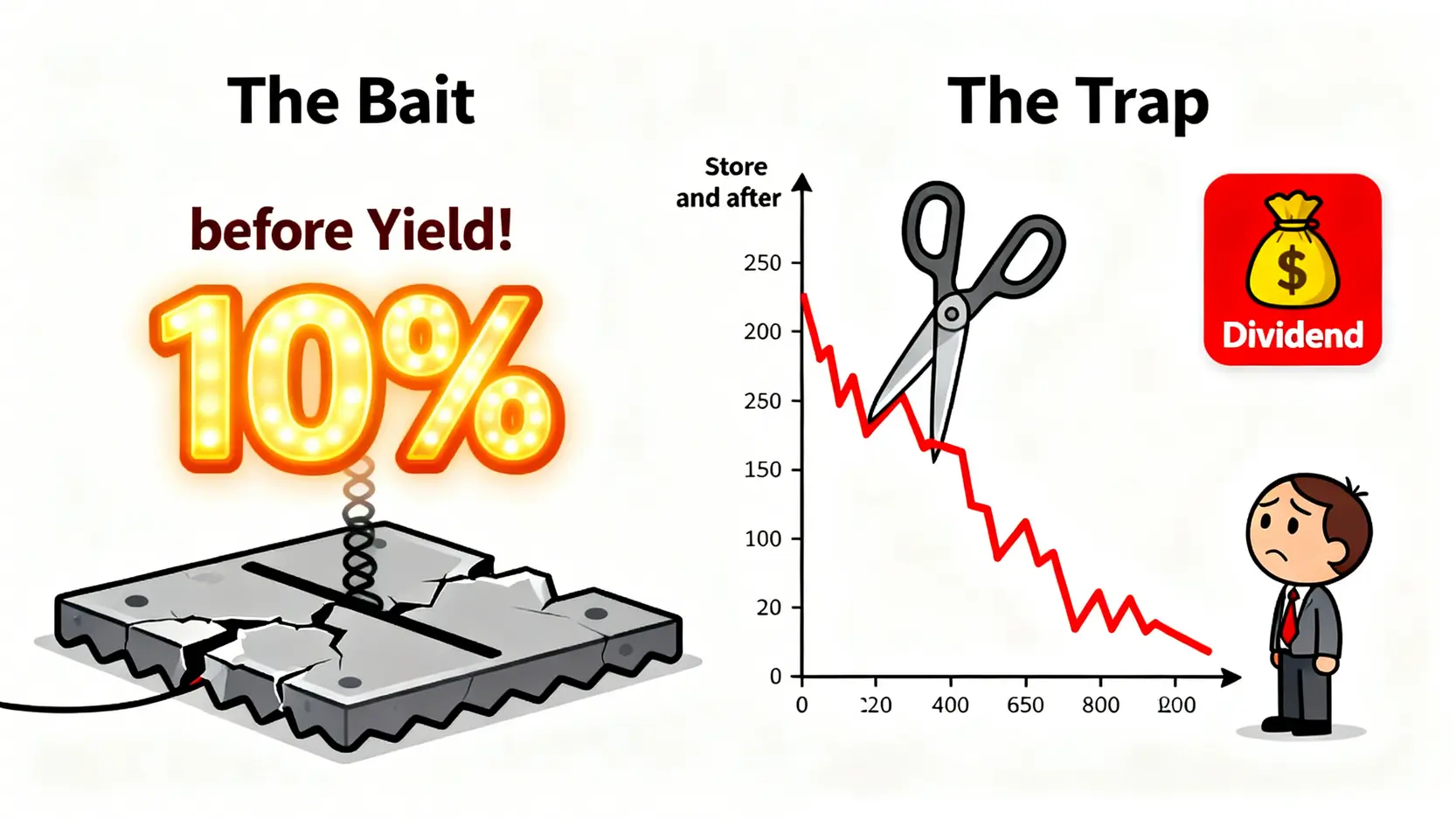收息股推介2026:精選高息股組合、股息計算、除淨日教學,避開賺息蝕價陷阱! 4 收息股推介,高息股2026,股息計算方法,除淨日是什麼 一張概念圖解釋何謂「賺息蝕價」的價值陷阱,左邊是誘人的高股息率,右邊是股價下跌和股息被削減的真實風險。
