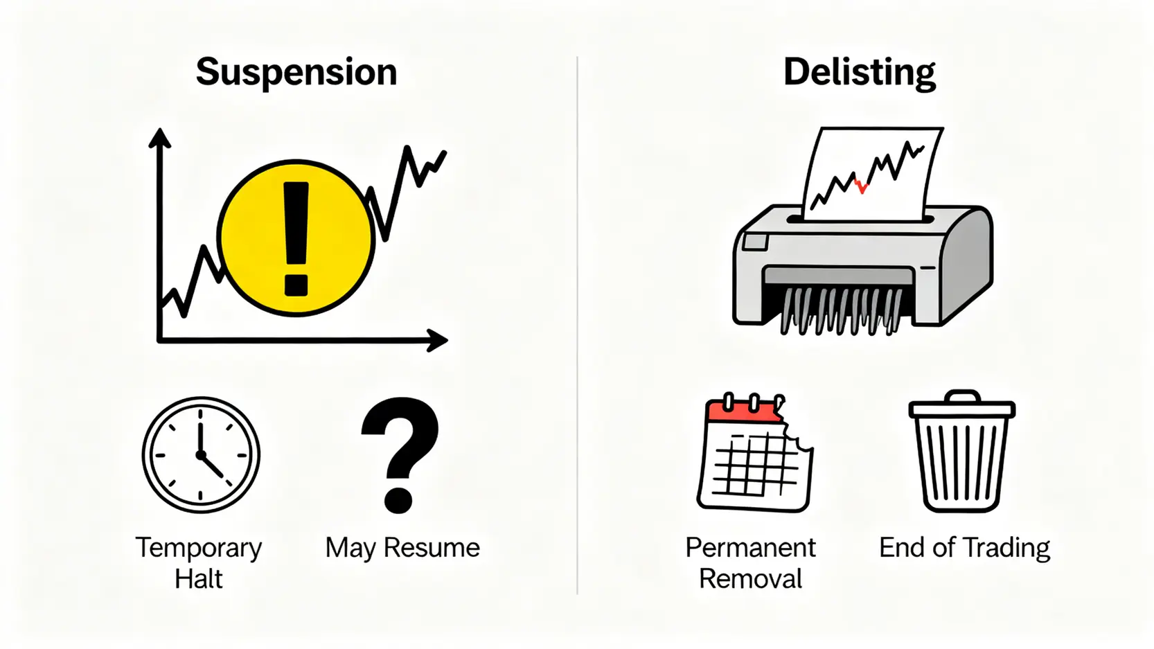 股票除牌點算?2026終極指南:一篇搞懂公司退市原因、停牌影響與股東自保方法 2 股票除牌點算,公司退市原因,上市公司停牌影響 股票停牌與除牌的區別對比圖,左邊是代表暫停交易的停牌,右邊是代表永久終止交易的除牌。