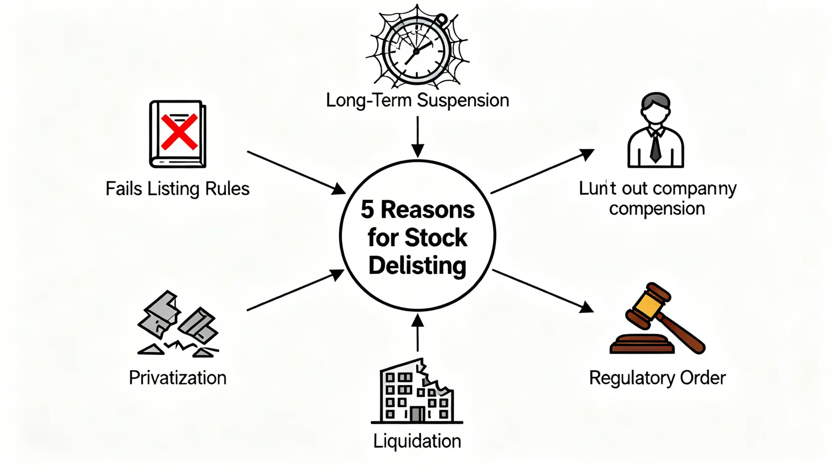 股票除牌點算?2026終極指南:一篇搞懂公司退市原因、停牌影響與股東自保方法 3 股票除牌點算,公司退市原因,上市公司停牌影響 公司退市的五大原因示意圖,包括未能符合上市規則、長期停牌、公司私有化、清盤和監管機構指令。