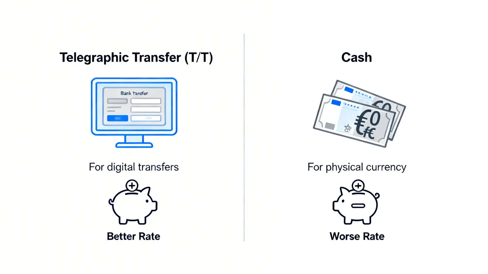 【2026歐元匯率走勢】專家預測EURtoHKD前景、分析港幣兌歐元換匯時機 3 歐元匯率走勢,歐元匯率走勢預測,港幣兌歐元,EURtoHKD 電匯價與現鈔價的區別對比圖,顯示電匯用於電子轉賬匯率較好,現鈔用於實體貨幣匯率較差。