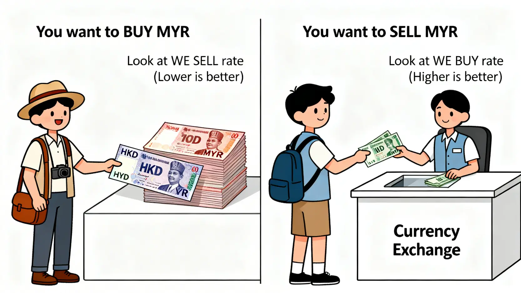【2026 馬幣匯率全攻略】5大吉隆坡找換店推薦,港幣兌馬幣最抵方法一篇搞懂! 2 馬幣匯率,港幣兌馬幣,吉隆坡找換店推薦,MYRtoHKD,馬幣匯率走勢 圖解說明找換店的買入價與賣出價,以及旅客應如何根據兌換方向選擇參考的匯率。