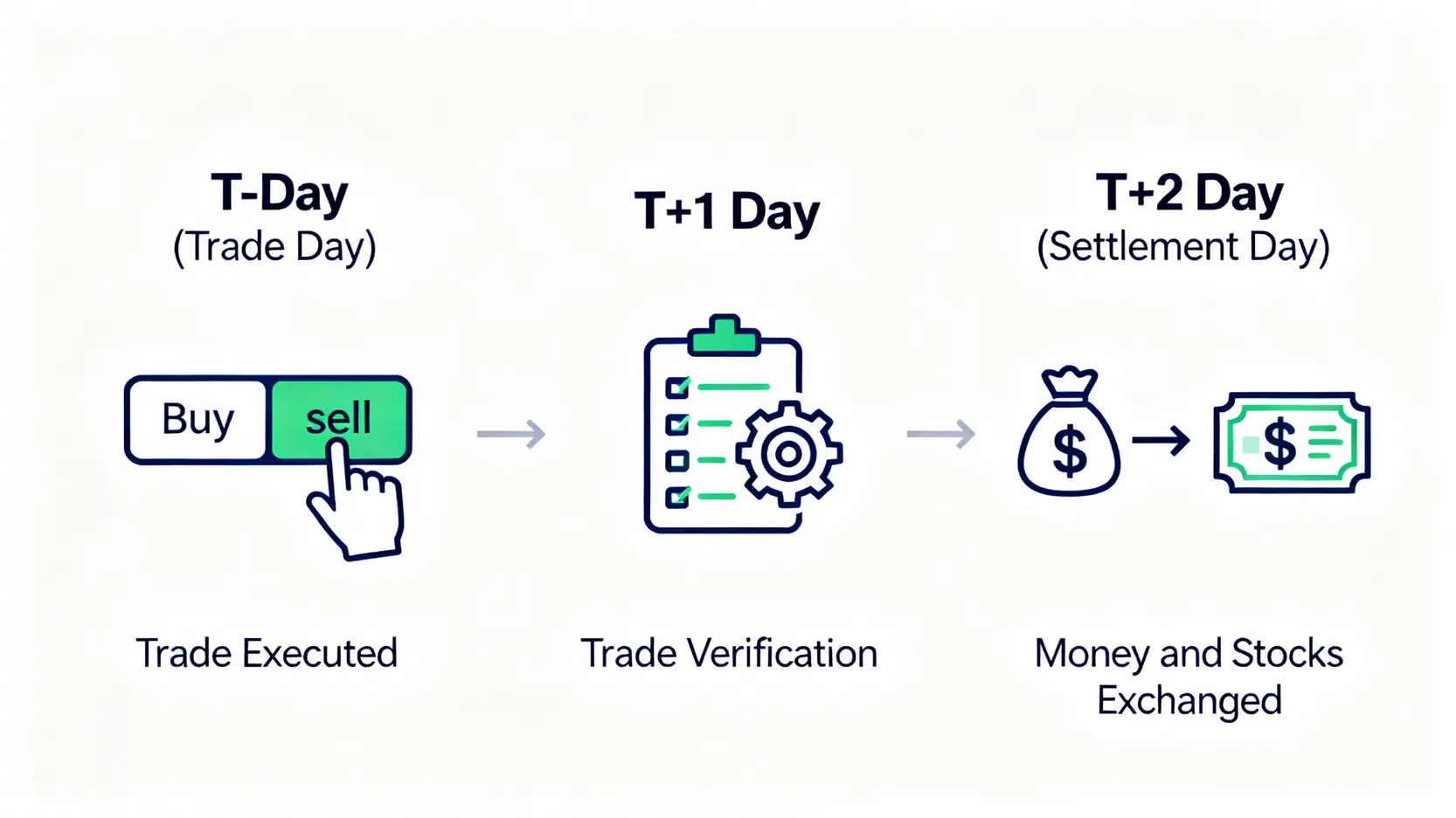 【股票交收時間2026】一篇搞懂港股T+2!買股票幾時扣數?過戶、除淨日全攻略 1 股票交收時間,港股交收日T+2,股票過戶時間,買股票幾時扣數 港股T+2交收制度流程圖,展示從T日交易、T+1日核對到T+2日資金與股票交收的完整過程。