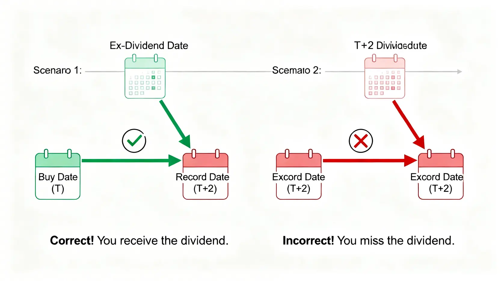 【股票交收時間2026】一篇搞懂港股T+2!買股票幾時扣數?過戶、除淨日全攻略 2 股票交收時間,港股交收日T+2,股票過戶時間,買股票幾時扣數 示意圖解釋T+2交收如何影響收取股息,顯示必須在除淨日前一個交易日買入才能在截止過戶日期登記成為股東。
