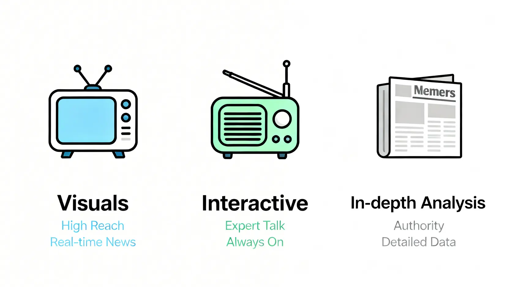 【2026香港財經台比較】無線、新城、信報點揀好?一篇搞懂各大平台優劣 2 香港財經台比較,新城財經台節目,無線財經新聞,信報財經新聞 香港三大財經資訊平台比較圖,分別展示電視、電台和報章的核心優勢,如影像化、互動性和深度分析。