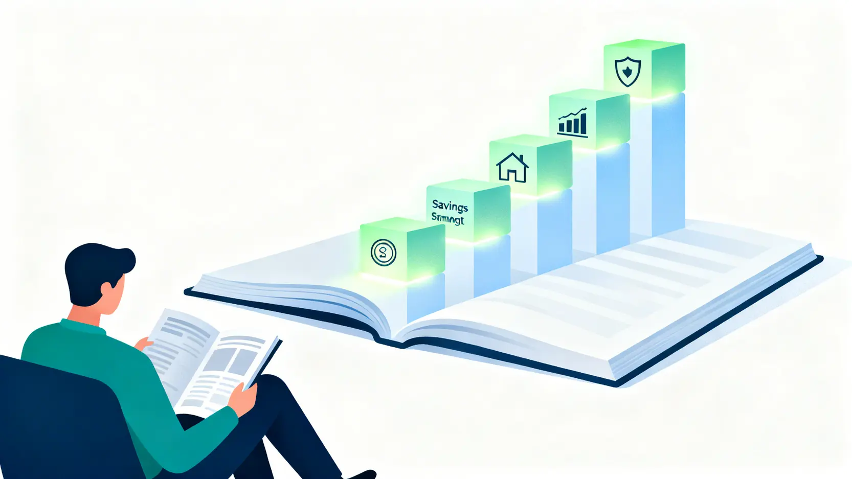 【2026香港財經雜誌推薦】TOP 5投資理財月刊深度比較,新手入門必讀! 2 香港財經雜誌推薦,投資理財月刊,熱門財經雜誌比較 一個人正在閱讀財經雜誌,從書中延伸出代表儲蓄、投資和保險的理財系統模塊,象徵著建立個人理財系統。