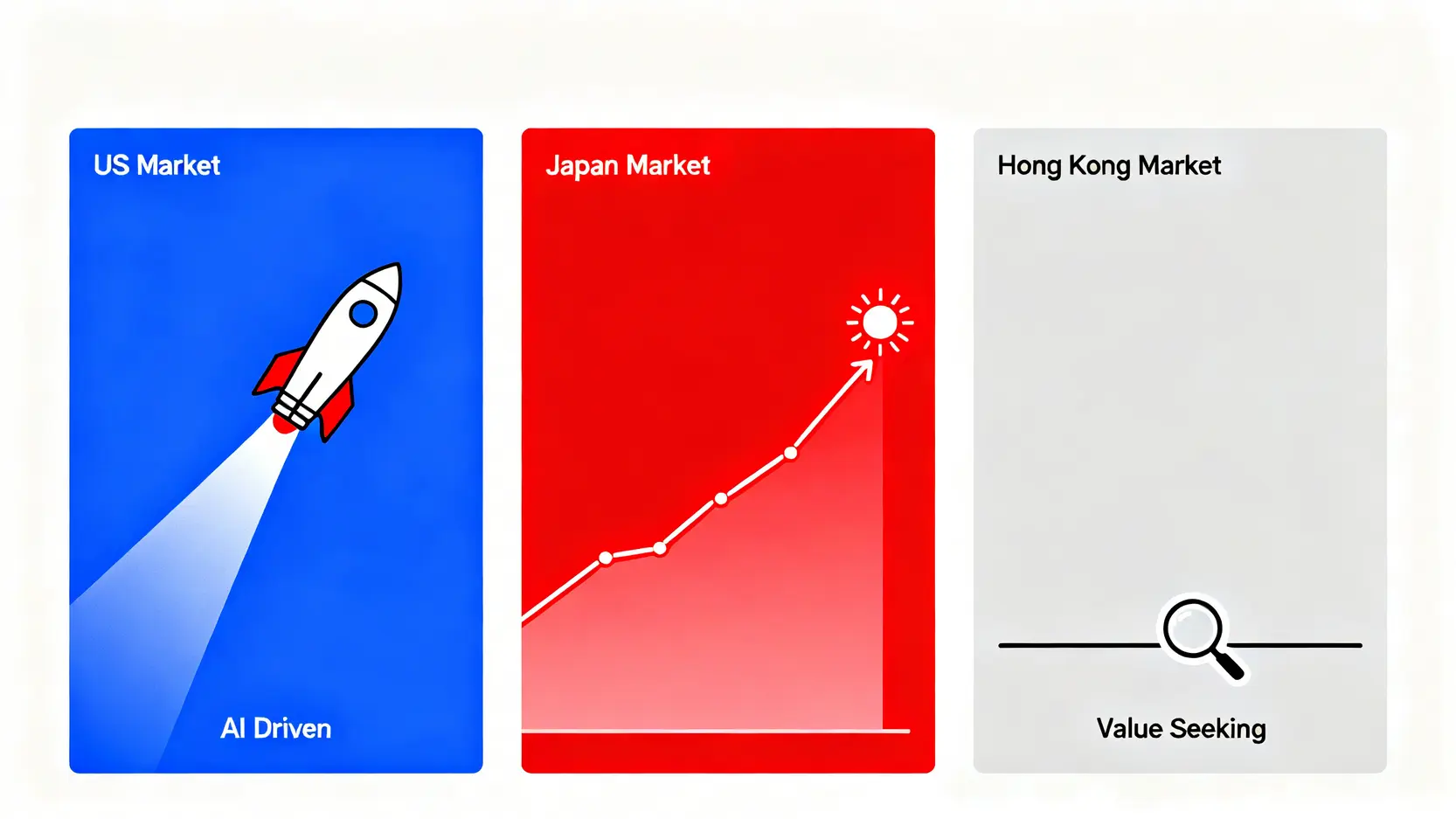 2026國際財經新聞|一篇搞懂環球金融市場動態與美股走勢分析 4 國際財經新聞,環球金融市場動態,美股走勢分析,國際財經新聞推薦,美股走勢分析2026 2026年美股、日股與港股三大市場表現對比圖。