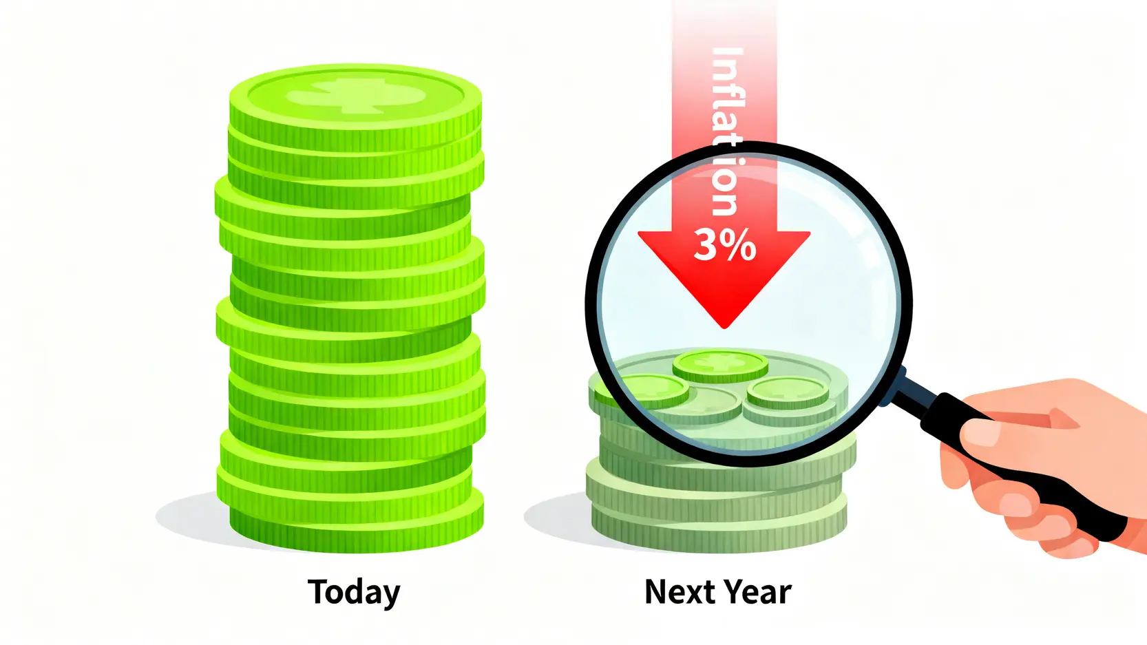 財經知識入門終極指南:一篇搞懂基礎分析方法與專家觀點解讀 2 財經知識入門,基礎財經分析方法,如何解讀財經觀點 通貨膨脹侵蝕金錢購買力的示意圖,顯示今日的一疊錢明年會因通脹而縮水。