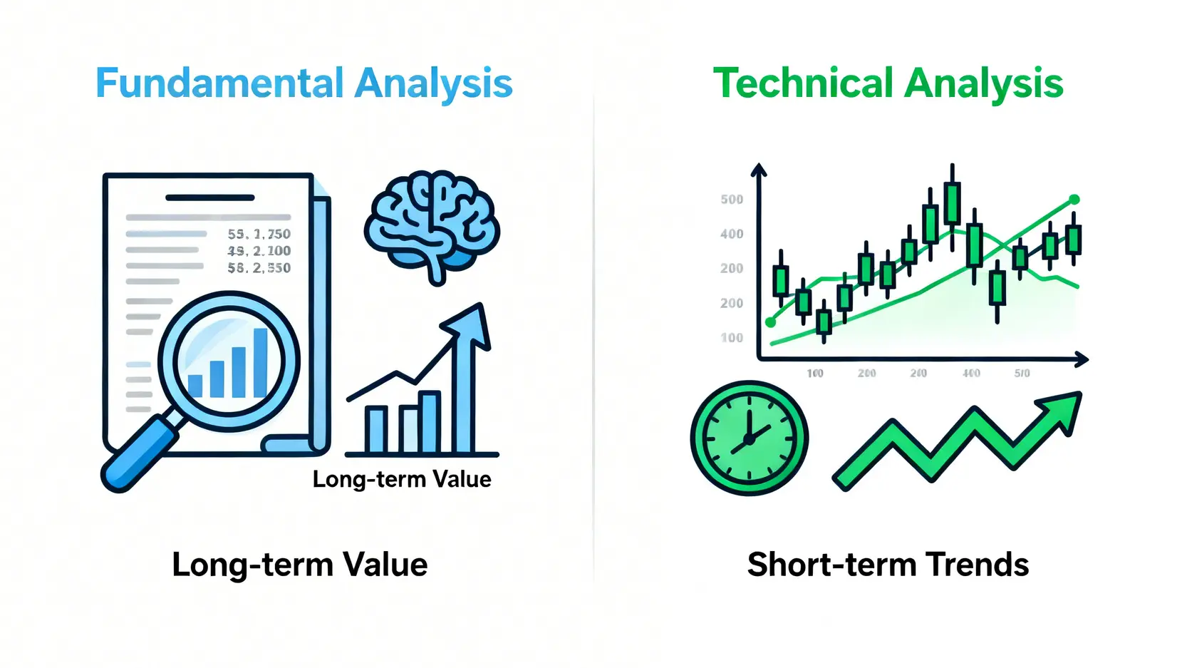 財經知識入門終極指南:一篇搞懂基礎分析方法與專家觀點解讀 3 財經知識入門,基礎財經分析方法,如何解讀財經觀點 基本面分析與技術分析的對比圖,左邊顯示研究公司財報,右邊顯示分析股價K線圖。