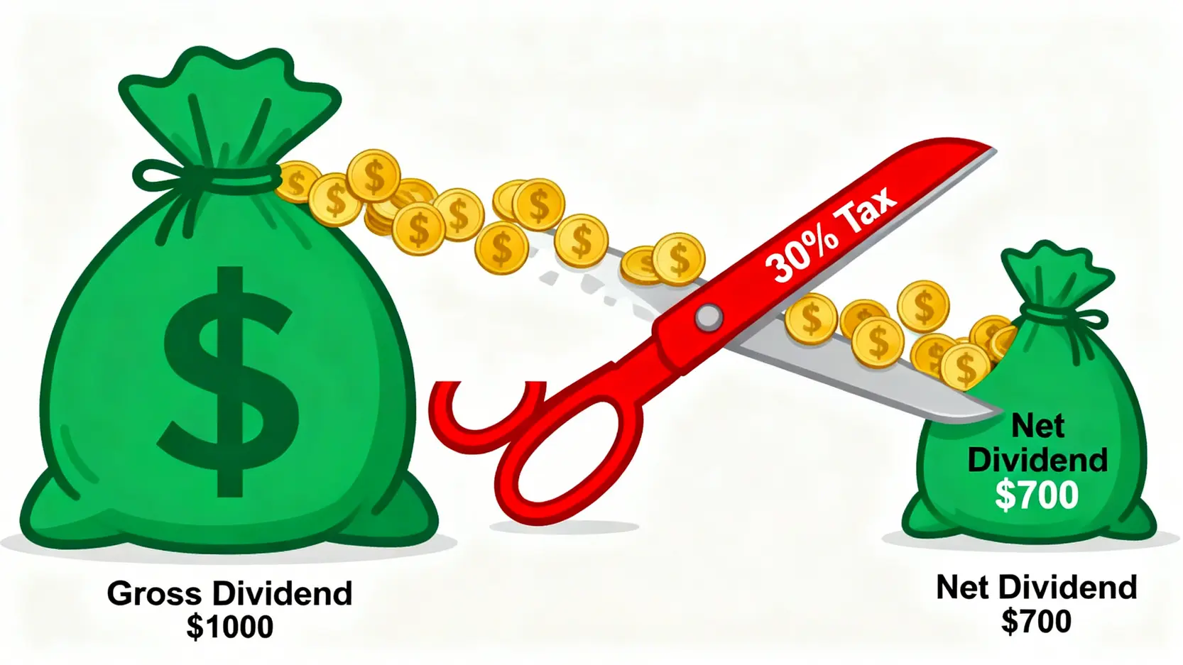 輝達股息2026懶人包:NVIDIA派息、30%美股股息稅香港全攻略 2 輝達股息,NVIDIA派息,美股股息稅香港,買NVIDIA收息 一張說明美股30%股息稅影響的示意圖,顯示1000美元的股息在扣除30%稅款後只剩下700美元。