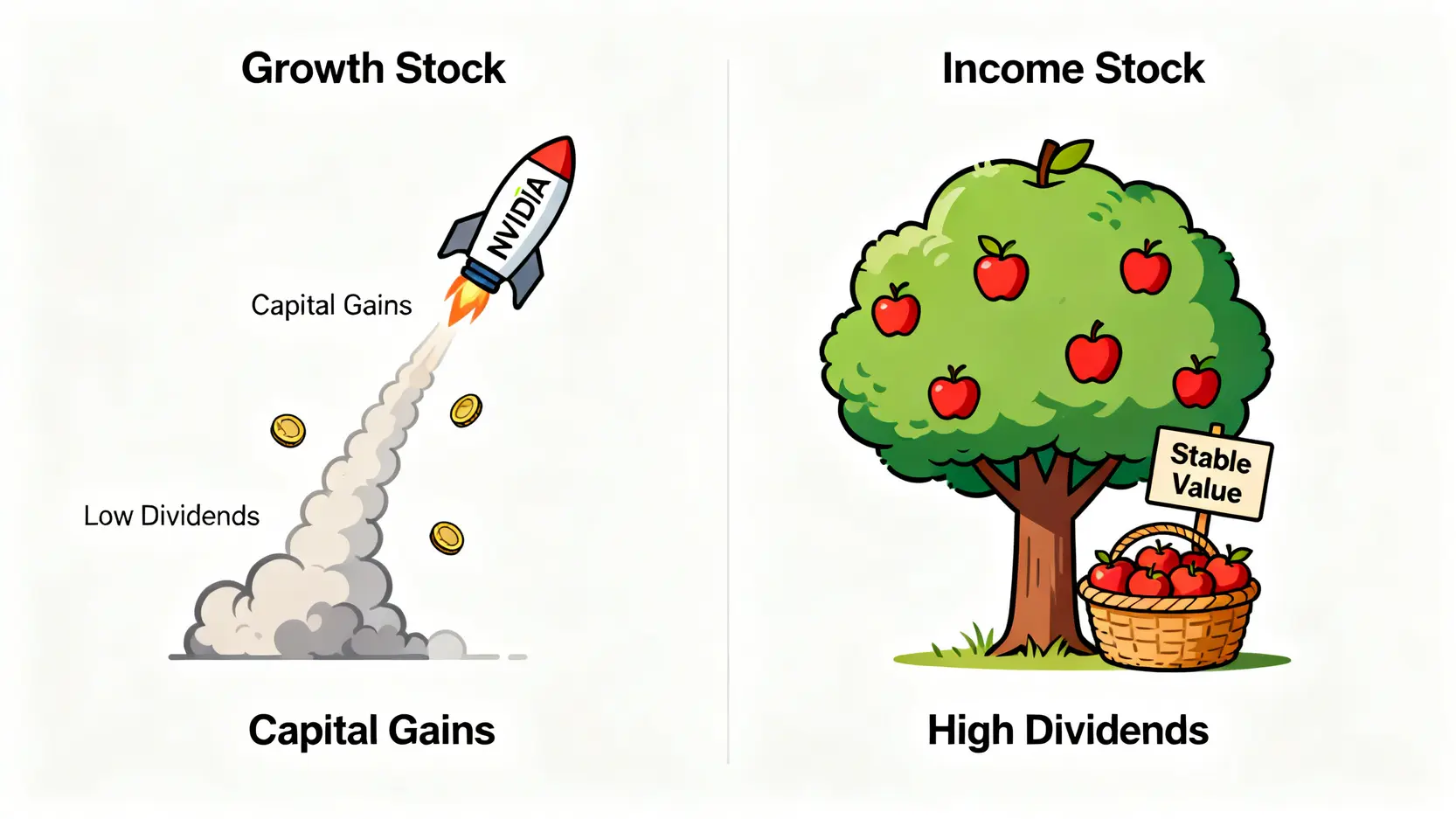 輝達股息2026懶人包:NVIDIA派息、30%美股股息稅香港全攻略 3 輝達股息,NVIDIA派息,美股股息稅香港,買NVIDIA收息 一張對比圖,左邊是代表資本增值的「成長股」火箭,右邊是代表穩定派息的「收息股」果樹。
