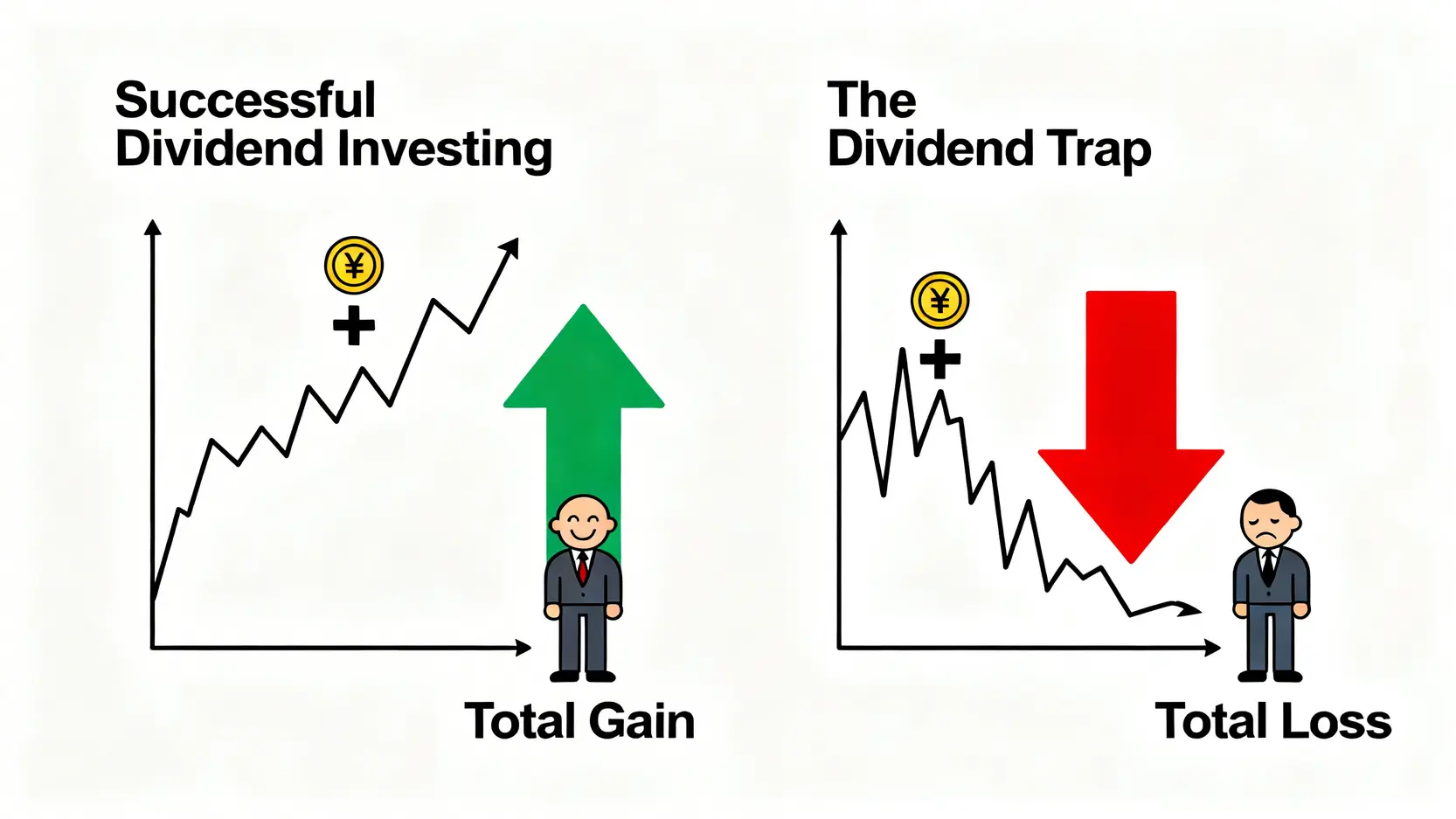 香港高息股2026:精選20隻穩健收息股推薦,教你打造月月派息股組合! 2 香港高息股,收息股推薦,月月派息股組合,藍籌收息股 一張對比圖,解釋「賺息蝕價」的概念,一邊是股價上漲加上股息帶來總收益,另一邊是股價下跌超過股息導致總虧損。