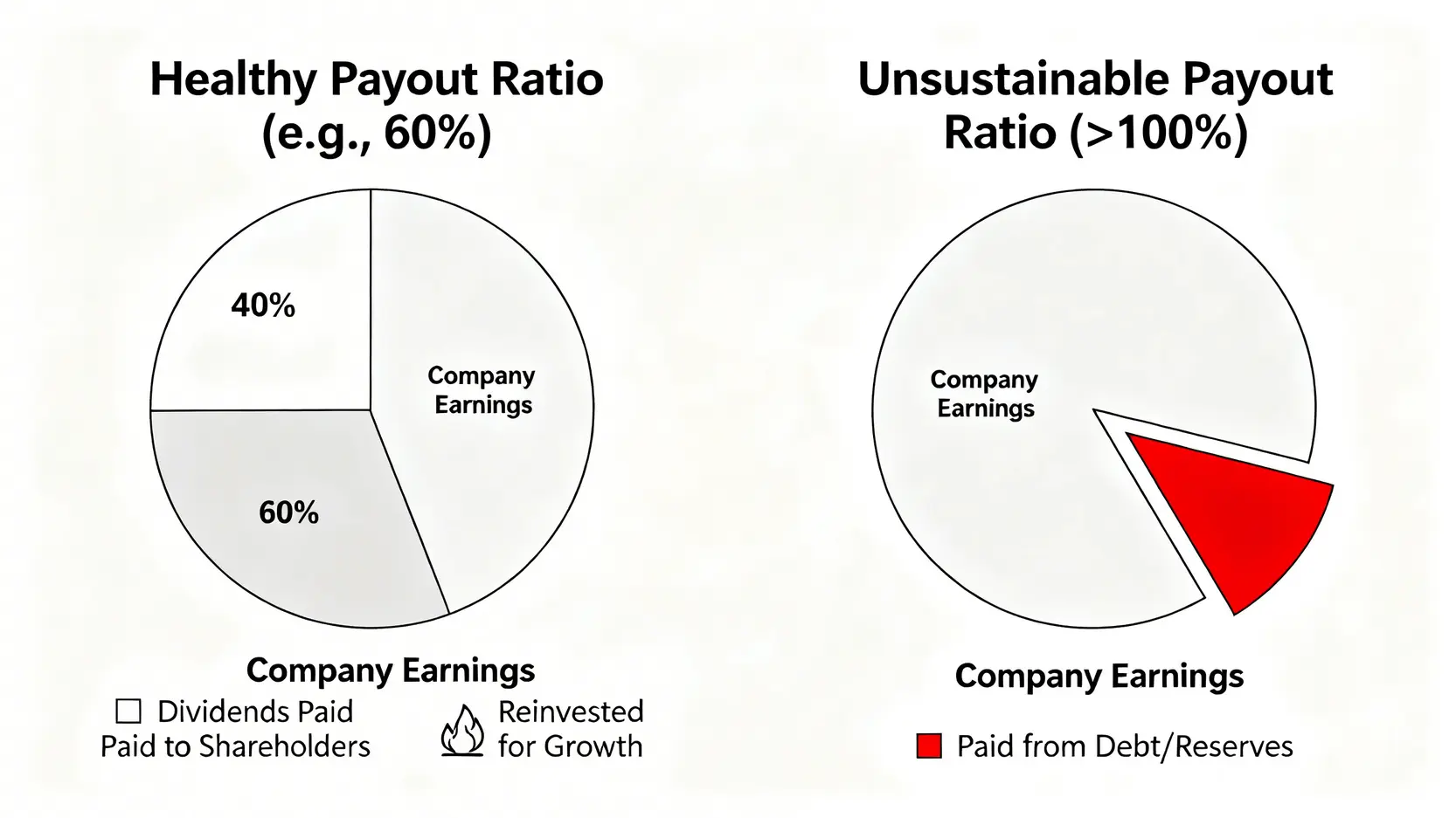 香港高息股2026:精選20隻穩健收息股推薦,教你打造月月派息股組合! 4 香港高息股,收息股推薦,月月派息股組合,藍籌收息股 一張圖表解釋派息比率的健康度,展示健康的派息比率(部分盈利作股息)與不可持續的派息比率(派息超過盈利)之間的區別。