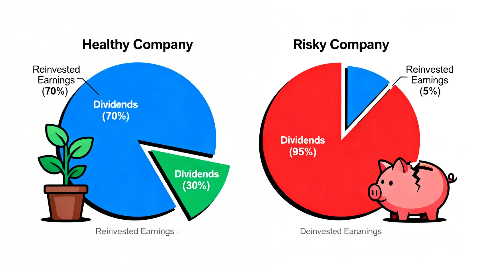 【股息點計?】2026收息股新手懶人包:一篇搞懂股息計算公式與股息率! 3 股息點計,股息計算公式,股息率計算方法,每股派息 健康派息比率與高風險派息比率的對比示意圖,顯示盈利的分配情況。
