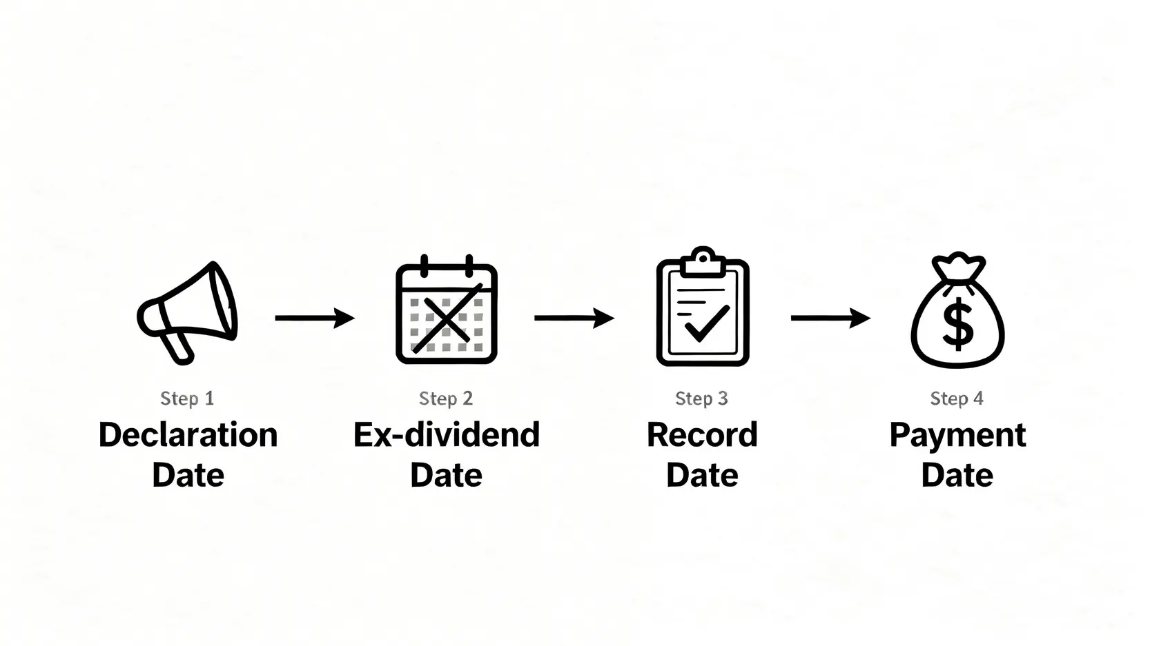 【收息攻略】除淨日、派息日、截止過戶日全解析!一文看懂股息發放流程 2 派息日,除淨日意思,截止過戶日期,股息發放流程 股息發放流程時間軸,展示從宣佈日、除淨日、截止過戶日期到派息日的四個關鍵步驟。