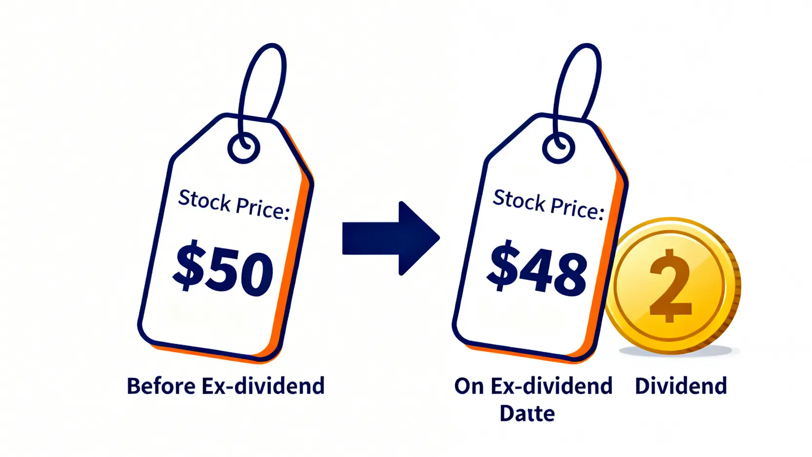 【收息攻略】除淨日、派息日、截止過戶日全解析!一文看懂股息發放流程 4 派息日,除淨日意思,截止過戶日期,股息發放流程 除淨日股價調整示意圖,展示了股價從50元扣除2元股息後變為48元的過程。