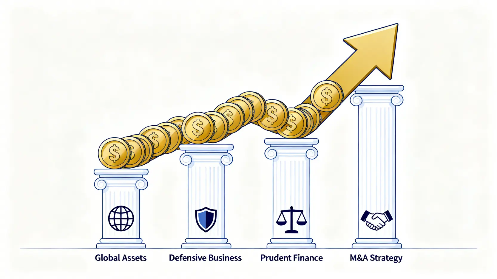 【2026收息股】長江基建股息 (1038) 最新派息紀錄、除淨日及派息率全攻略 4 長江基建股息,1038派息率,長江基建股息紀錄 長江基建維持股息穩定增長的四個核心因素示意圖:全球化資產、防禦性業務、審慎財務管理及持續併購策略。