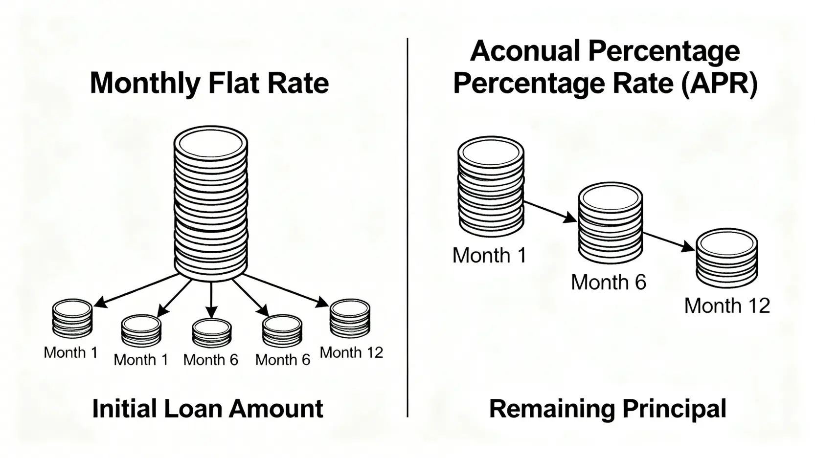 【借錢利息點計?】2026私人貸款利息計算機,一篇搞懂P loan實際年利率(APR)! 2 私人貸款利息計算機,Ploan實際年利率,香港貸款利率比較,借錢利息點計 月平息與實際年利率(APR)的計算基礎對比圖,顯示月平息基於初始總貸款額計算,而APR則基於遞減的貸款餘額計算。