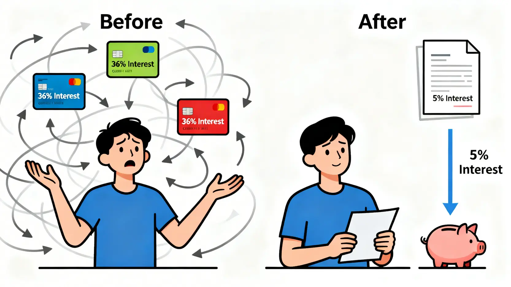 卡數越滾越大?教你計算信用卡Min Pay利息,善用結欠轉戶計劃KO卡數! 4 循環利息是什麼,信用卡minpay利息,卡數利息計算,結欠轉戶計劃 結欠轉戶計劃前後對比圖,從多筆高息卡數整合為一筆低息貸款。