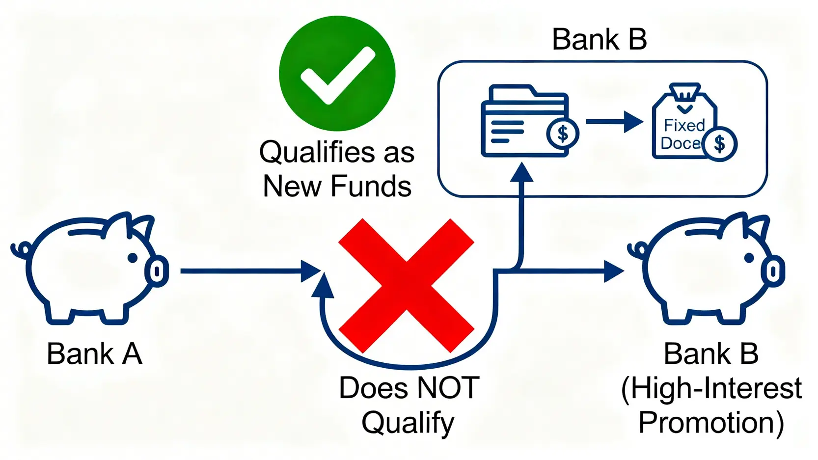 【2026最新】100萬定期利息攻略:比較20間銀行大額存款優惠,邊間最高息? 2 100萬定期利息,大額定期存款優惠,高息港元定期2026,銀行利率比較 新資金定義示意圖,展示了從其他銀行轉入的資金符合資格,而同一銀行內部轉賬則不符合。