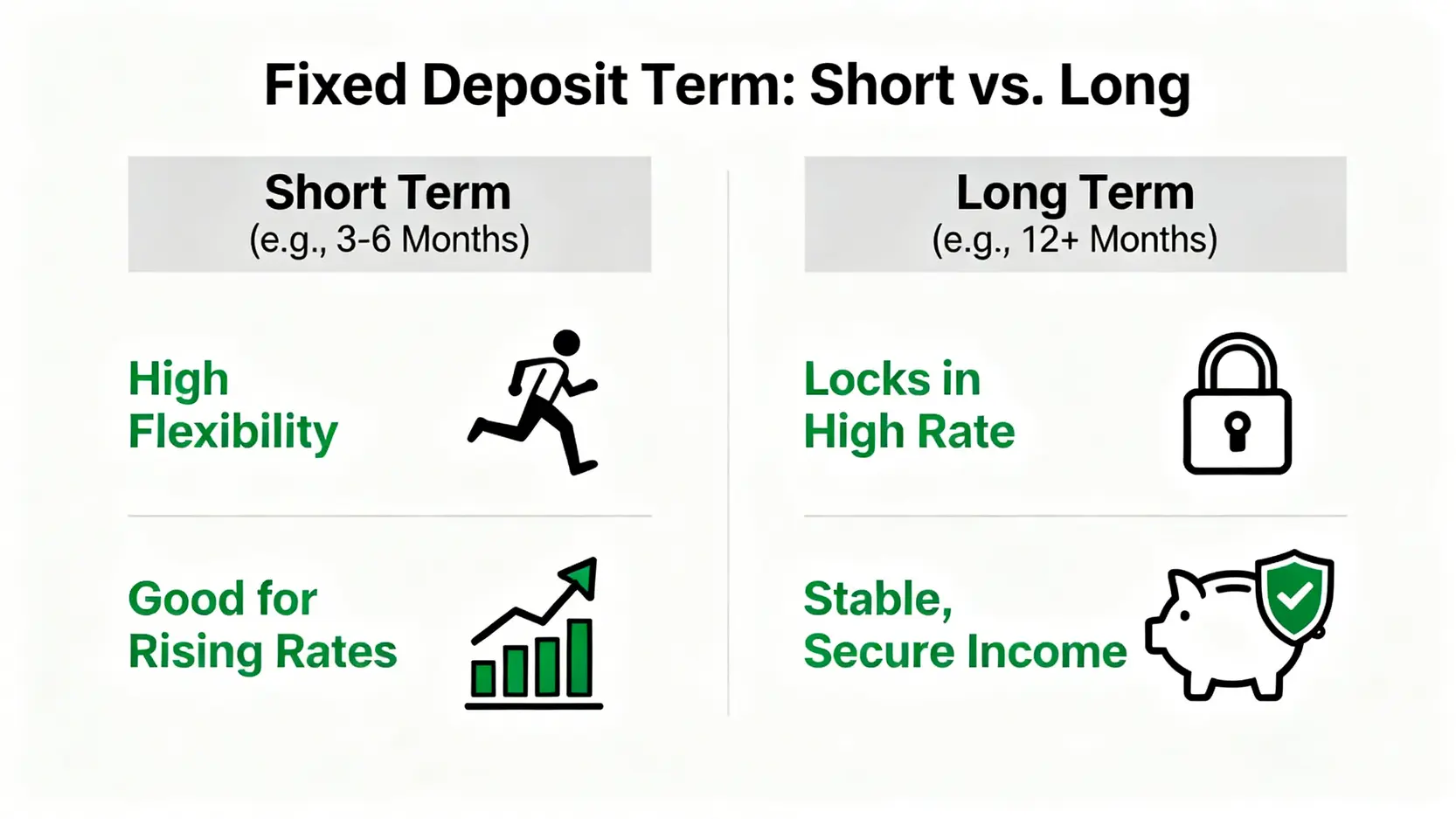 【2026最新】100萬定期利息攻略:比較20間銀行大額存款優惠,邊間最高息? 3 100萬定期利息,大額定期存款優惠,高息港元定期2026,銀行利率比較 長期與短期定期存款優缺點對比圖,左邊是短期存款,強調高流動性;右邊是長期存款,強調鎖定高利率。
