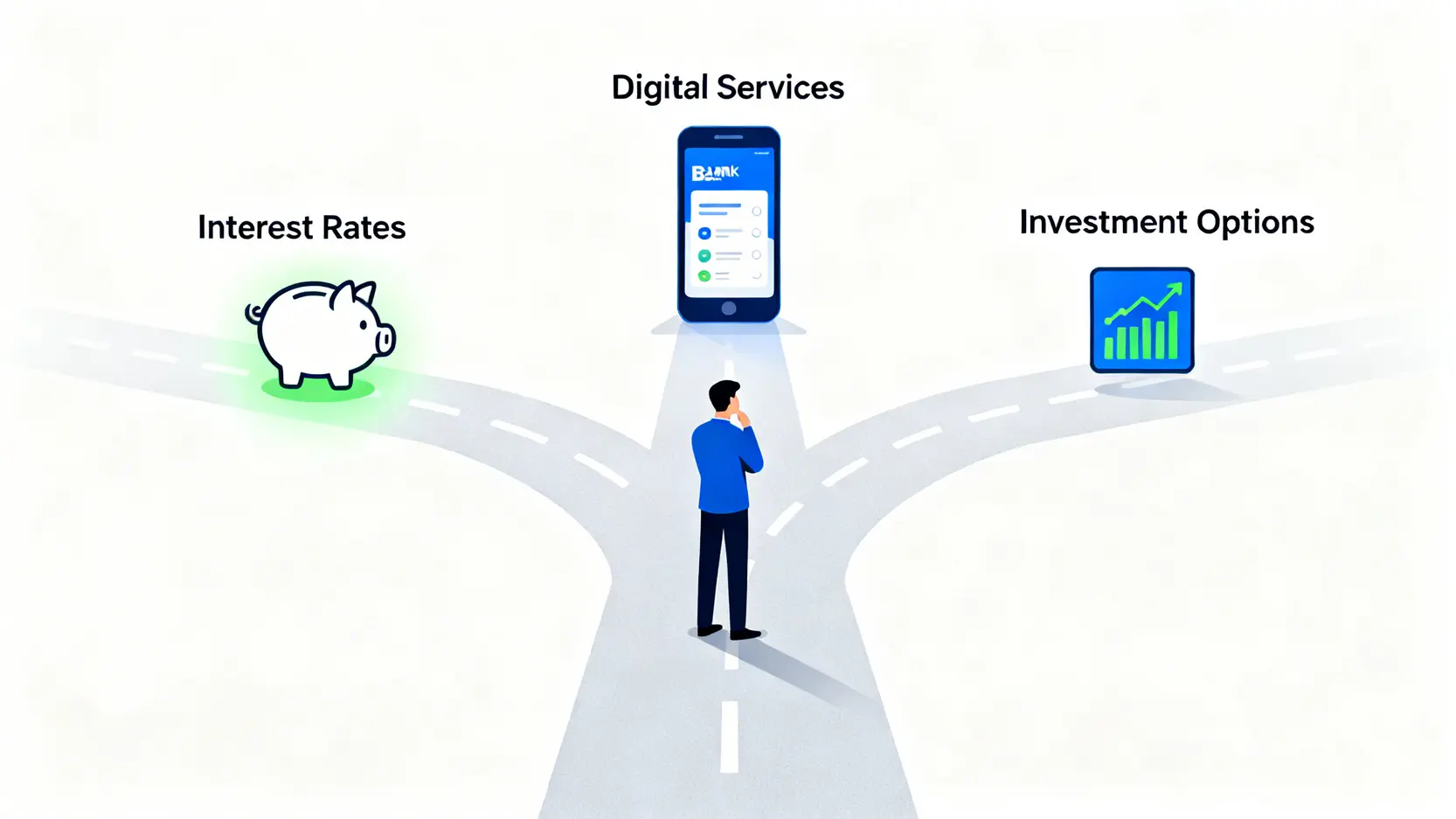 【2026香港十大銀行排名】一篇睇哂!資產排名、服務比較及最佳銀行推薦 2 香港十大銀行排名,香港銀行資產排名,香港最佳銀行推薦,香港銀行排名2026 一位用戶正在思考如何選擇銀行,面前有三條路分別代表存款利率、數碼服務和投資產品。