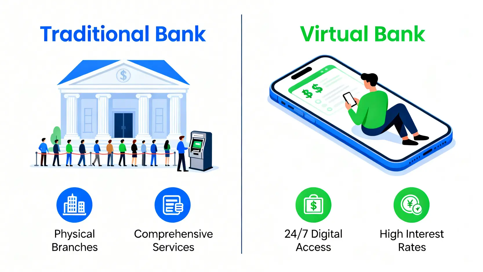 【2026香港十大銀行排名】一篇睇哂!資產排名、服務比較及最佳銀行推薦 3 香港十大銀行排名,香港銀行資產排名,香港最佳銀行推薦,香港銀行排名2026 傳統銀行與虛擬銀行的對比圖,展示了兩者在服務網絡和主要優勢上的區別。