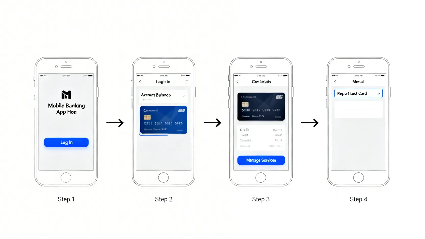 【2026最新】滙豐信用卡熱線大全:一文睇晒HSBC信用卡電話、報失、Waive年費快捷鍵! 3 滙豐信用卡熱線,HSBC信用卡電話,滙豐信用卡報失,滙豐信用卡真人 一個四步驟教學圖,演示如何使用HSBC HK手機App完成滙豐信用卡網上報失的流程。
