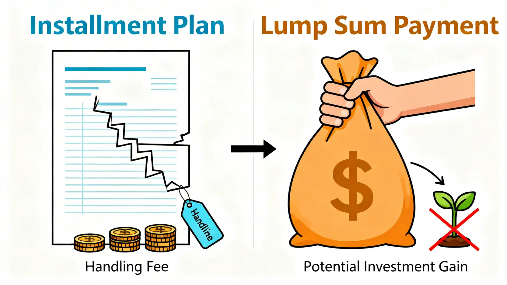 【2026最新】信用卡交稅分期5大著數攻略!一篇睇清手續費、現金回贈及銀行優惠 3 信用卡交稅分期,交稅分期vs一次過比較,交稅分期著唔著數,交稅分期手續費 交稅分期與一次過繳清的成本效益對比圖。左邊顯示分期付款有手續費,右邊顯示一次過繳清有機會成本。