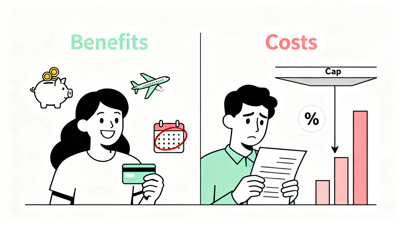 【2026信用卡交稅攻略】一篇睇晒各大銀行手續費、現金回贈及上限! 2 香港信用卡交稅手續費,信用卡交稅現金回贈,交稅用信用卡有冇著數,信用卡交稅上限 使用信用卡交稅的優點與缺點對比圖,左邊展示賺取回贈和延遲還款的好處,右邊警示手續費和回贈上限的成本。