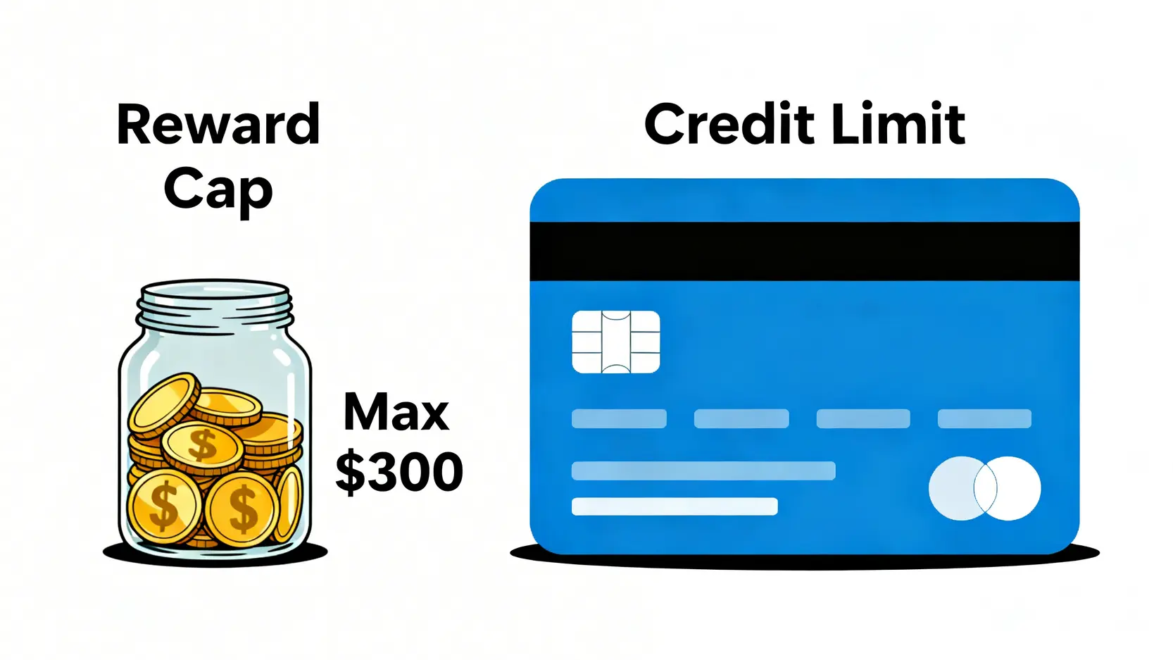 【2026信用卡交稅攻略】一篇睇晒各大銀行手續費、現金回贈及上限! 4 香港信用卡交稅手續費,信用卡交稅現金回贈,交稅用信用卡有冇著數,信用卡交稅上限 概念圖解釋信用卡交稅的兩種上限:左邊是銀行推廣設定的獎賞金額上限,右邊是信用卡本身的總信用額度。