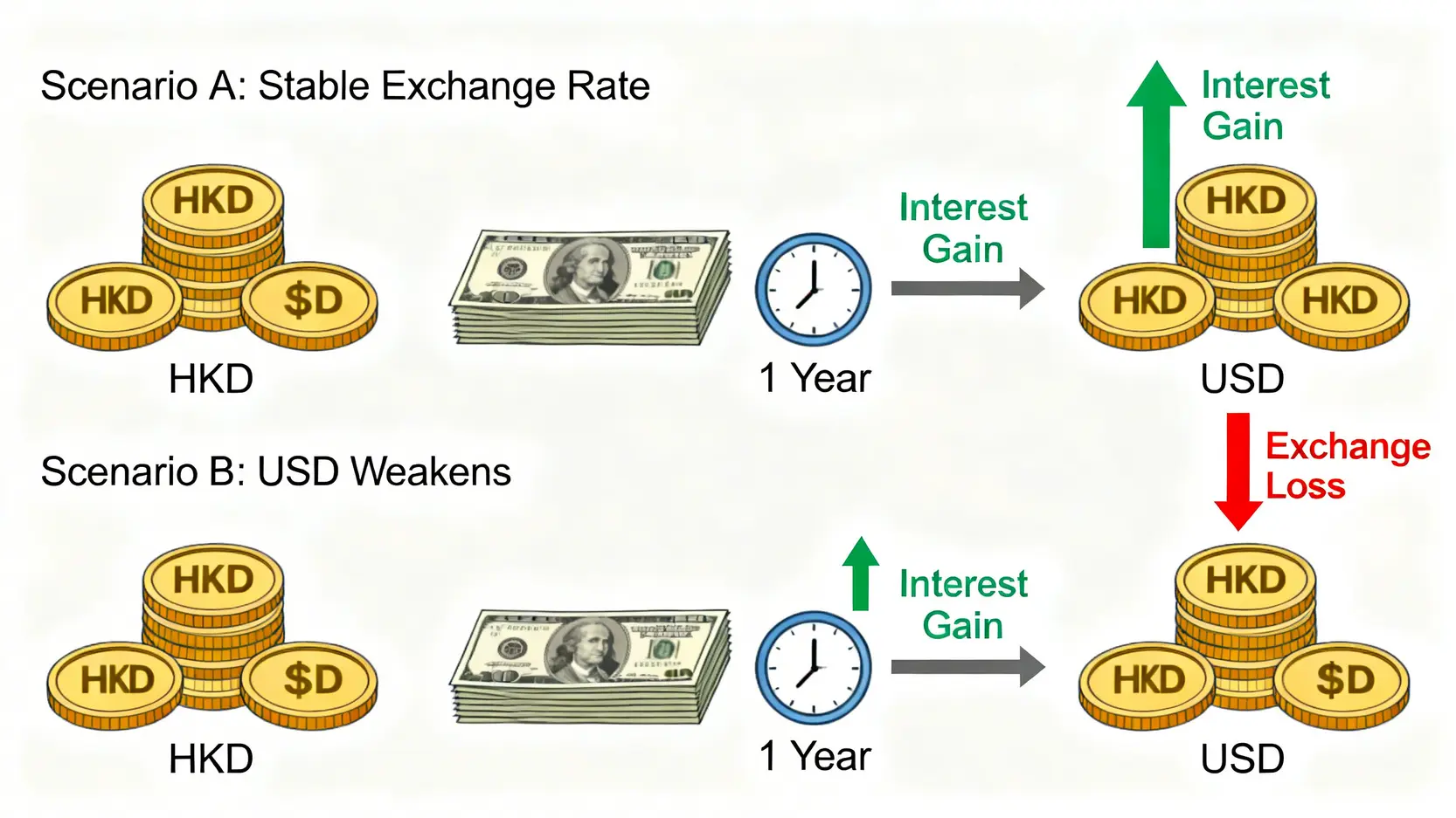 2026美元定存香港邊間好?18間銀行利率優惠、風險比較 (懶人包) 2 美元定存香港邊間好,美元定期存款利率比較,美金定存風險,外幣定存優惠 美元定存的匯率風險示意圖,對比匯率穩定與美元轉弱兩種情況下對最終港元回報的影響。